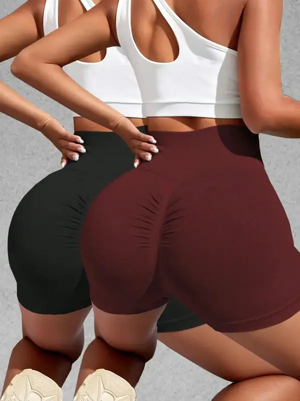 Women's 2pcs Solid Ruched High Waist Sports Shorts, Gym Shorts, Casual Comfy Breathable High Stretch Seamless Shorts for Yog...