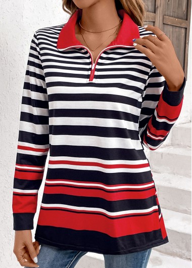Modlily Multi Color Zipper Striped Long Sleeve Sweatshirt - XL