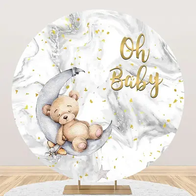 Oh Baby Bear Marble Round Boy Gender Reveal Backdrop - Aperturee