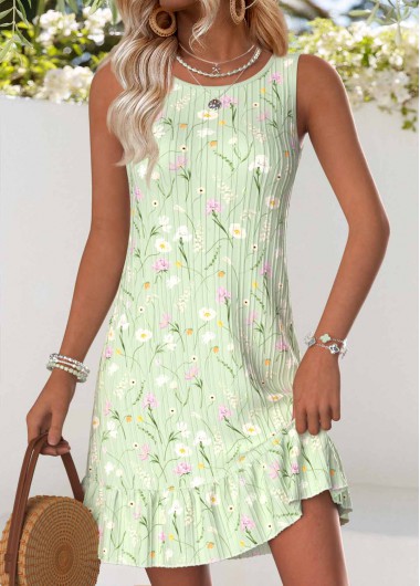 Modlily Light Green Floral Print Short Tummy Coverage Sleeveless Dress - XL