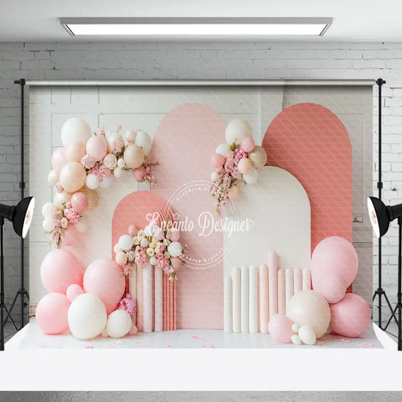 Arch Balloons Floral White Pink Cake Smash Backdrop - Aperturee