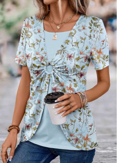 Modlily Light Blue Floral Print T Shirt - M