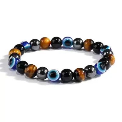 Unisex Evil Eye Bracelet Healing Gemstone for Good Luck Protection Hematite Tigers Eye Obsidian Stretch Bracelet Stackable