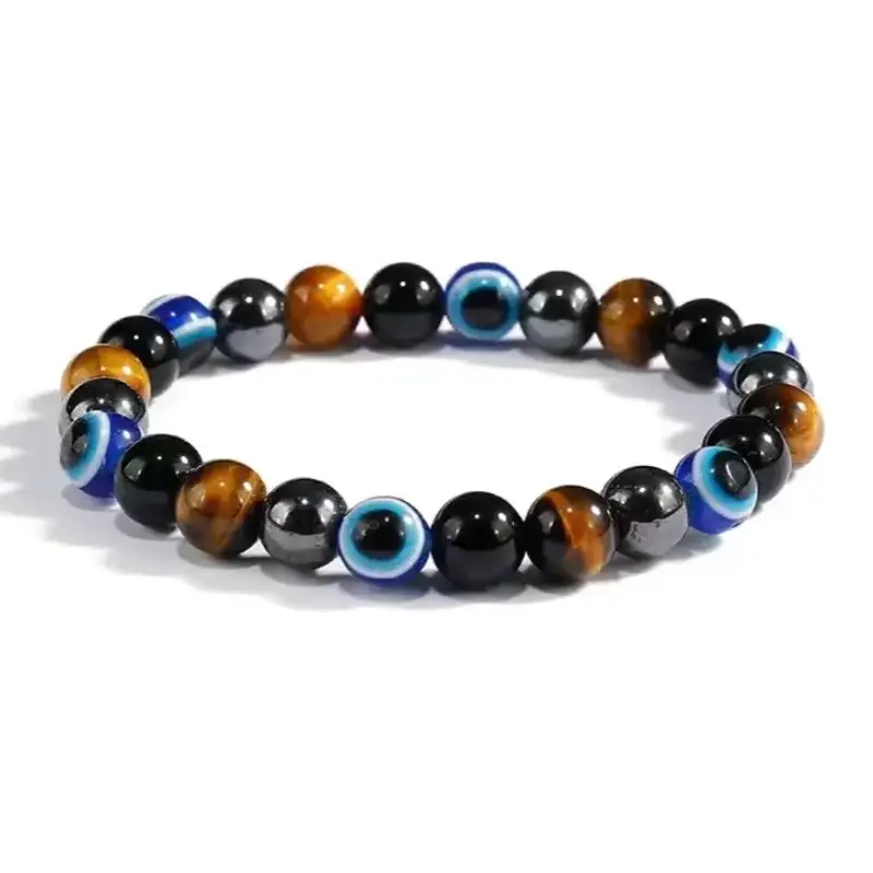 Unisex Evil Eye Bracelet Healing Gemstone for Good Luck Protection Hematite Tigers Eye Obsidian Stretch Bracelet Stackable