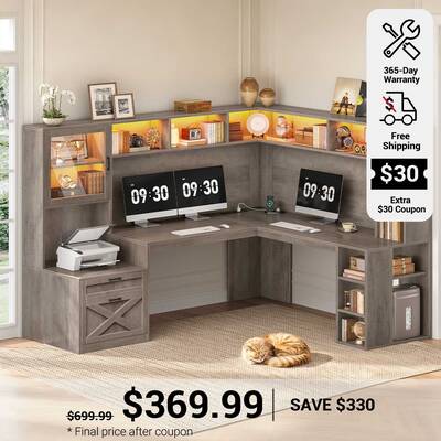 SEDETA | 67.9 Inch L Shaped Computer Desk with Drawers LED Lights Power Outlet Farmhouse Office Desk with Double Hutch Storag...