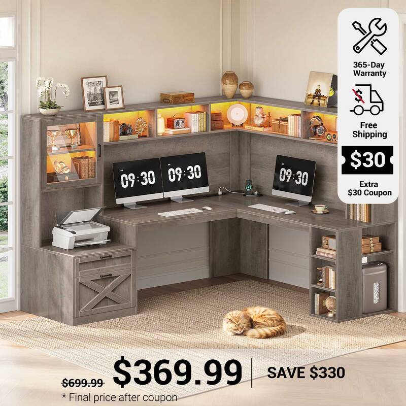 SEDETA | 67.9 Inch L Shaped Computer Desk with Drawers LED Lights Power Outlet Farmhouse Office Desk with Double Hutch Storag...