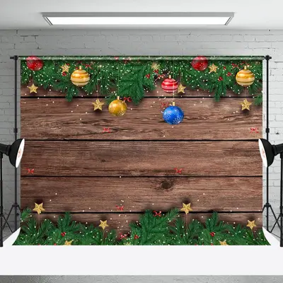 Aperturee Pine Leaf Bells Brown Wood Grain Christmas Backdrop