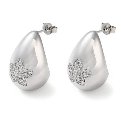 Teardrop with Star Brass Micro Pave Clear Cubic Zirconia Stud Earrings