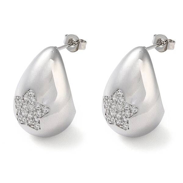 Teardrop with Star Brass Micro Pave Clear Cubic Zirconia Stud Earrings