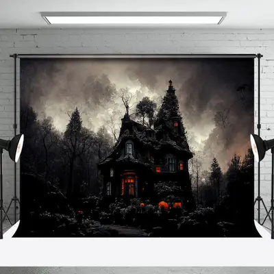 Cloudy Scary Deserted Witch House Halloween Backdrop - Aperturee