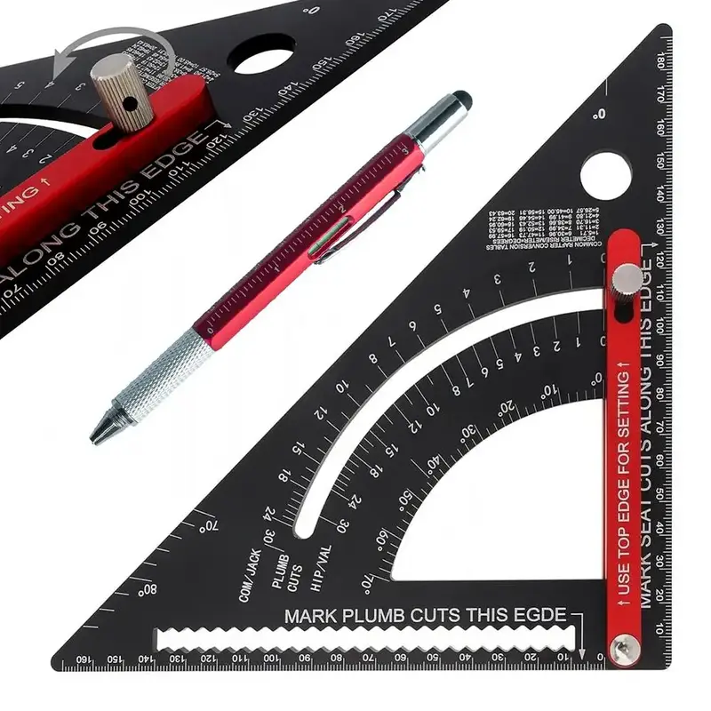 7 Inch Aluminum Alloy Carpenter Square Rafter Square Triangle Ruler, Adjustable Square Ruler with Pen, Multi-Angle Measuri...