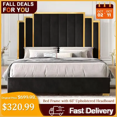 [TikTokShopfalldealsforyou]AMERLIFE Platform Bed Frame, Velvet Upholstered Bed with Gold Trim Headboard/Wooden Slats/No Box S...