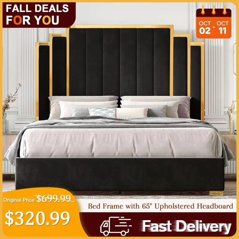 [TikTokShopfalldealsforyou]AMERLIFE Platform Bed Frame, Velvet Upholstered Bed with Gold Trim Headboard/Wooden Slats/No Box S...