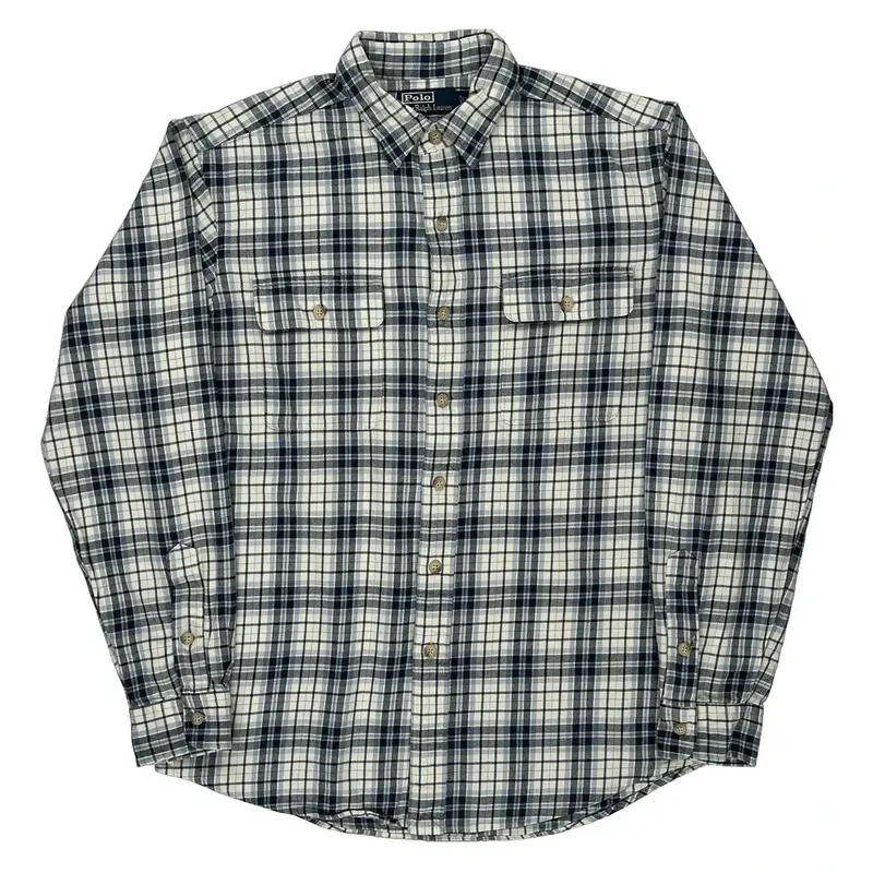 Plaid Pattern Polo By Ralph Lauren Checked Flannel Shirt - Medium Navy Cotton