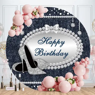 Aperturee Round Silver High Heel Happy Birthday Backdrop For Girl