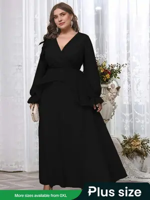 Plus Size Plain Ruffle Trim Wrap Flounce Sleeve A Line Dress, Elegant V Neck Long Sleeve High Waist Party Dress for Wedding G...