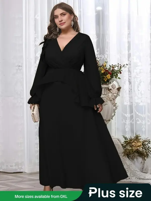 Plus Size Plain Ruffle Trim Wrap Flounce Sleeve A Line Dress, Elegant V Neck Long Sleeve High Waist Party Dress for Wedding G...