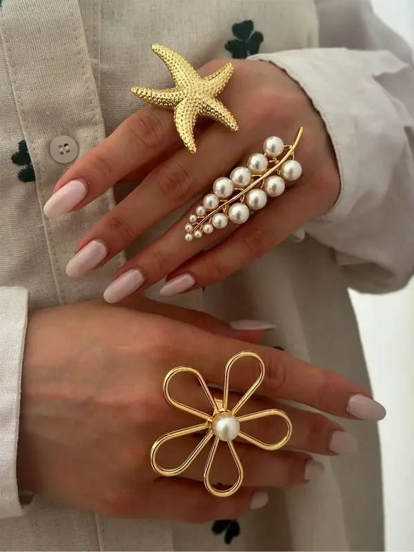 Fashion Flower & Starfish Design Cuff Ring, Fashion Jewelry for Party, Daily Clothing Decor, Trendy All-match & Exquisite Jew...