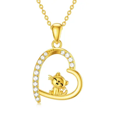 14K Gold Cubic Zirconia Cat & Heart Necklace for Women
