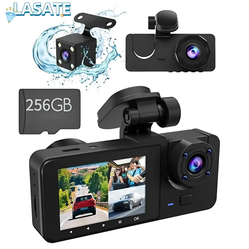LASATE Dash Camera HD Car DVR with Dual Lenses Super Night Vision Loop Recording 256GB Memory Card Rotatable Dashcam Video Re...