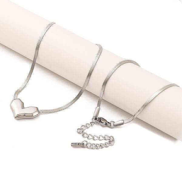 Non-Tarnish 304 Stainless Steel Heart Pendant Flat Snake Chain Necklaces for Women