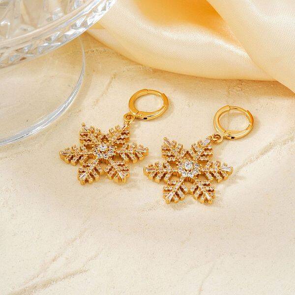 Chic Brass Pave Clear Cubic Zirconia Snowflake Hoop Earrings