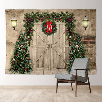 Aperturee Wooden Wreath With Trees Christmas Night Backdrop