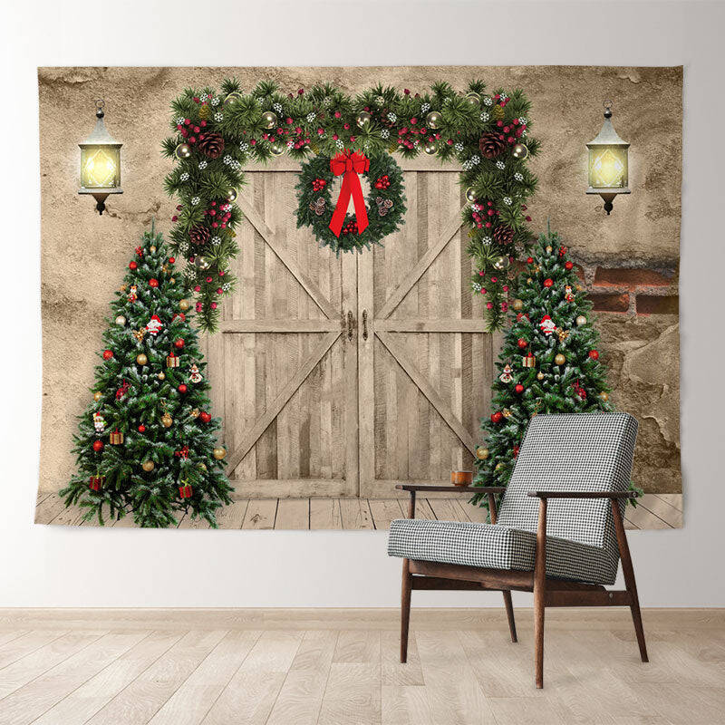 Aperturee Wooden Wreath With Trees Christmas Night Backdrop