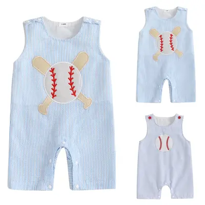 Infant Baby Boy Girl Jumpsuit Sleeveless Crewneck Striped Baseball Embroidery Summer Romper Overalls Shorts Casual Daily Suit