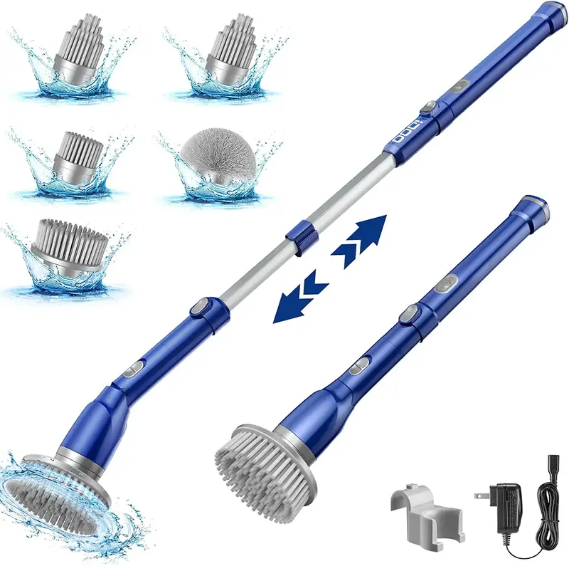 iDOO Cordless Electric Spin Scrubber with 5 Brush Heads, Adjustable Handle Power Cleaner Brush with 435 RPM High-Speed Rotati...