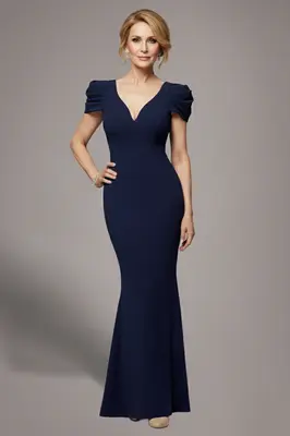 Goddiva Plunging Neck Pleated Sleeves Scuba Maxi Dress - Navy Blue