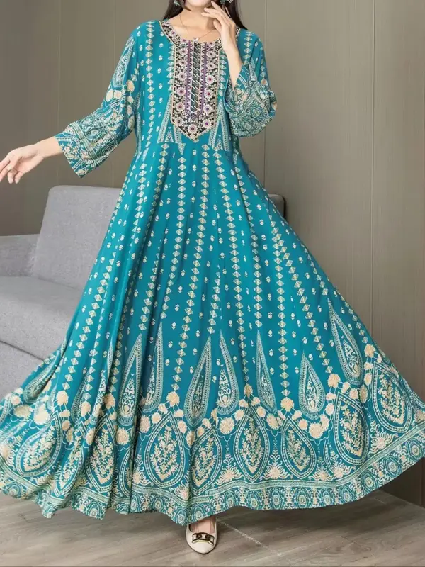 Women's Floral Embroidery Long Dress, Boho Round Neck Dress for Beach Holiday Vacation, Ladies Clothes for All Seasons