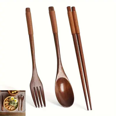 Wooden Tableware Set, 3 Counts/set Including Spoon, Chopsticks & Fork Set, Handmade Household Tableware, Kitchen Utensils