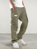 Men's Solid Color Patched Flap Pocket Drawstring Waist Cargo Pants, Casual Street Fashion Loose Straight Leg Trousers for Dai...