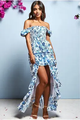 Goddiva Layered Dipped Hem Floral Maxi - Blue
