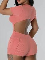 Women's Plain Backless Jumpsuit, Street Pocket Short Sleeve Romper for Daily Wear, Ladies Summer Clothes, Womenswear