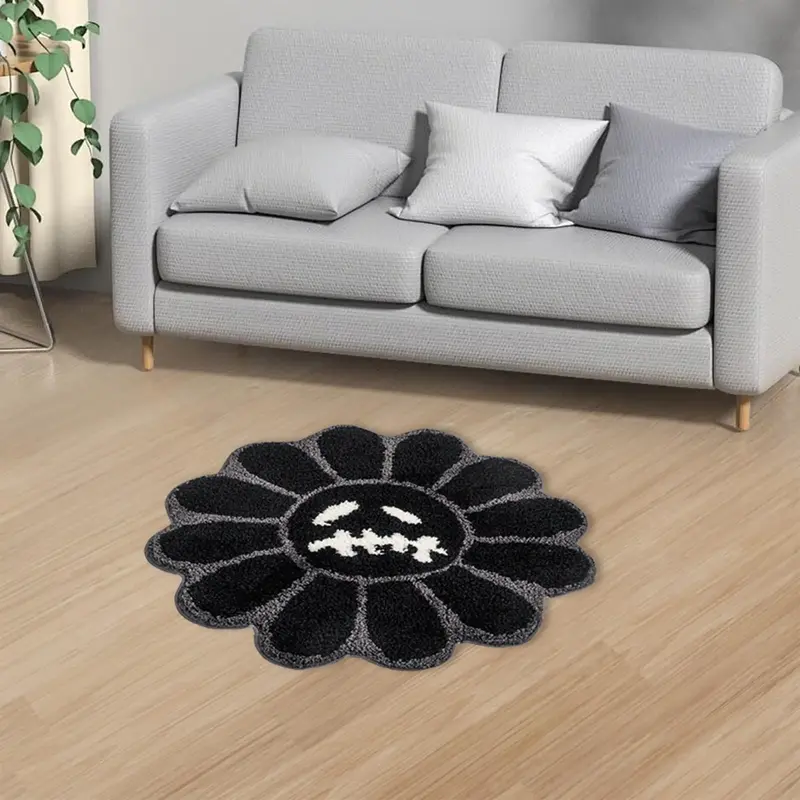 Round Sunflower Pattern Tufted Unique Area Rug, 1 Count Non-slip Washable Floor Mat, Floral Shaped Rug, Decorative Carpet for...