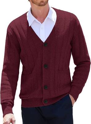 Cardigan Knit V Neck Button up Sweaters (US Only), Wine Red / S