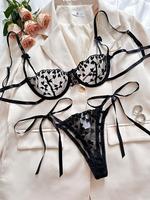 Women's Heart Embroidery Sheer Tulle Sexy Lingerie Two-Piece Set, Slim Fit Adjustable Strap Push Up Bra & Tie Side Thong Set,...