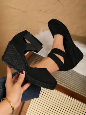 Women's Fashionable Plain Color Espadrilles Wedge Sandals, Casual Comfortable Sandals for Beach Vacation, Lightweight Breatha...