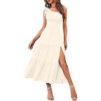 MEROKEETY Women's Summer One Shoulder Sleeveless Knot Smocked Midi Dress Split Tiered Flowy Dresses