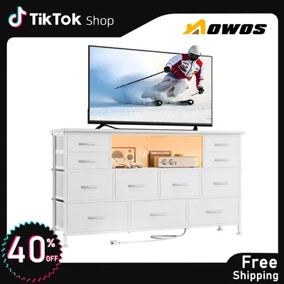 【FallDealsForYou】AOWOS 11 Drawer Dresser, Dressers for Living Room TV Stand with Power Outlets LED Lights, TV Stand Dress...