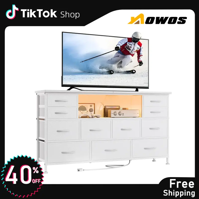 【FallDealsForYou】AOWOS 11 Drawer Dresser, Dressers for Living Room TV Stand with Power Outlets LED Lights, TV Stand Dress...