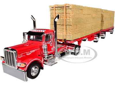 Peterbilt 389 Day Cab with Utility Dual 28.5 Flatbed Trailers with Hay Loads Viper Red with Graphics 1/64 Diecast Model by DC...