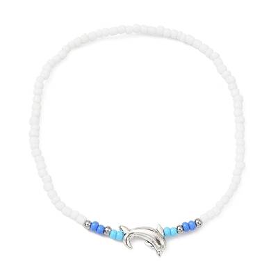 Tibetan Style Alloy Dolphin & Seed Beaded Stretch Anklet for Women