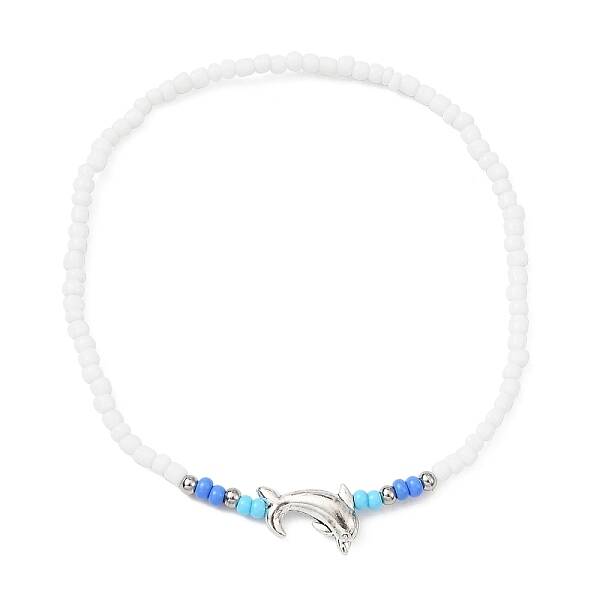Tibetan Style Alloy Dolphin & Seed Beaded Stretch Anklet for Women