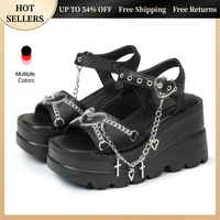 Platform Sandals For Women Sweet Gothic Punk Heart Chain Buckle Comfort Square Toe High Slop Heel Wedge Sandals