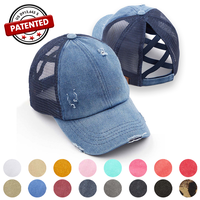 Criss-Cross Washed Denim Ponytail Cap for Women Fit