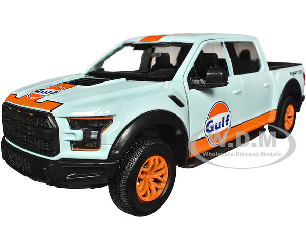 2017 Ford F-150 Raptor Pickup Truck Light Blue with Orange Stripes \