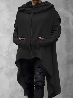 Stylish Irregular Hem Hooded Tops, Black / XL